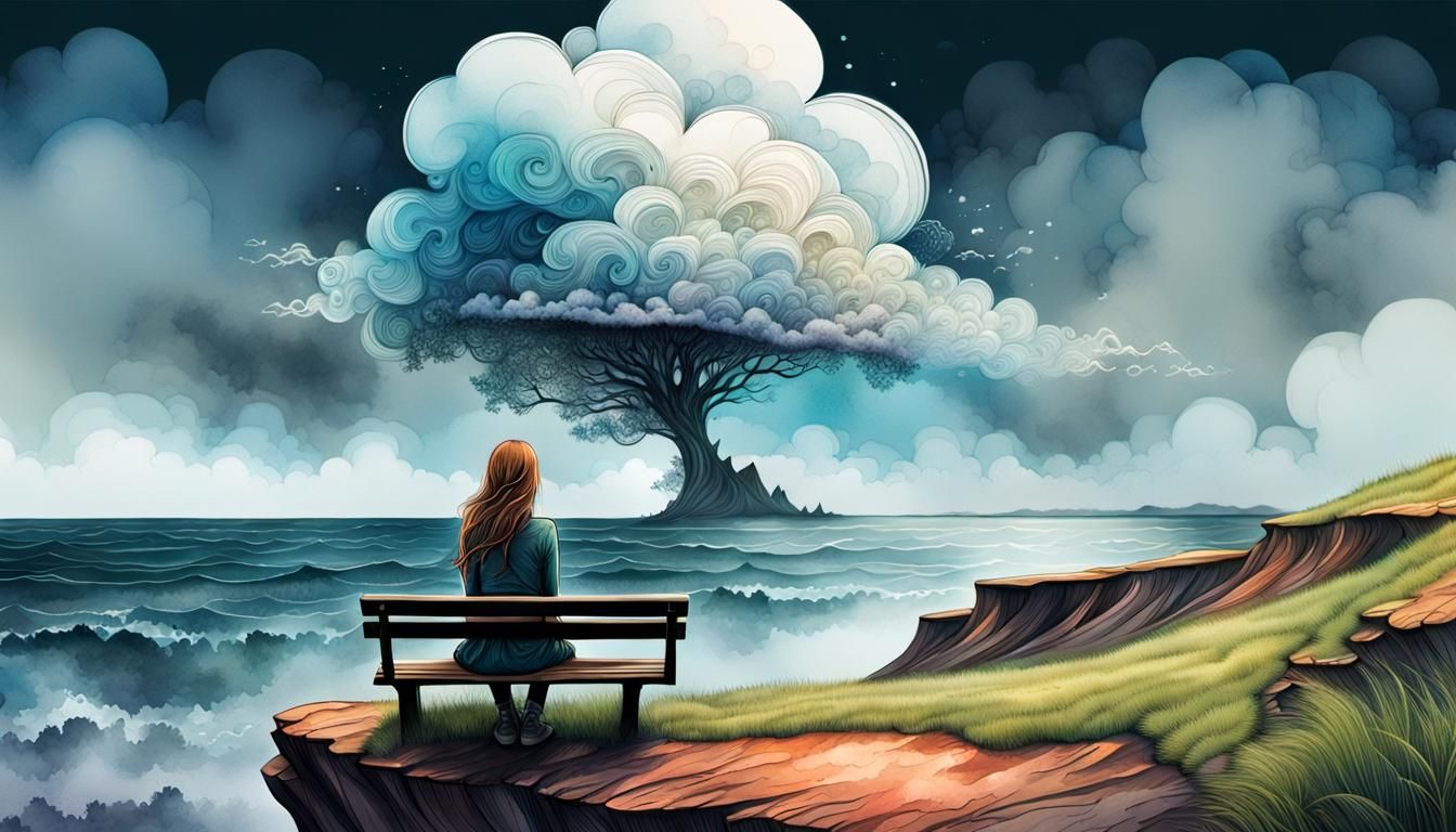 Girl on Cliffside Bench Watched by Cloud, in Watercolor