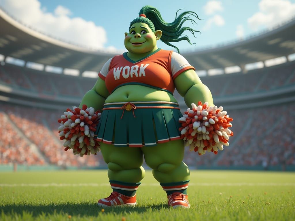 Curvy Ogre Cheerleader at Rugby Game in Detailed Matte Paint...