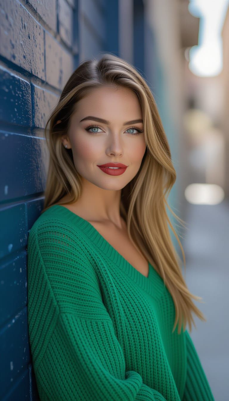 Confident Woman in Urban Alley Doorway, Vibrant Colors