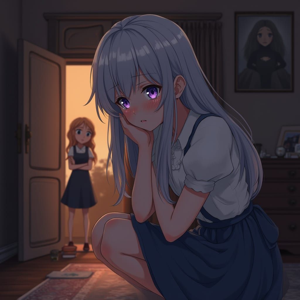 Anime-Style Scene of Heartbreak in a Cozy Living Room