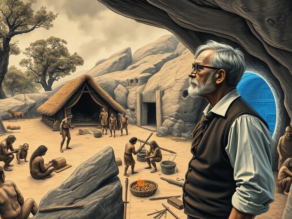 A 19th-century scientist, transported from the laboratory to prehistory, surveys the scene in amazement.