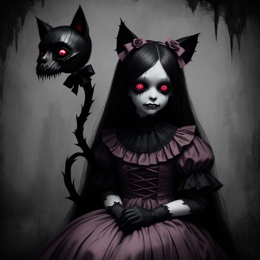 Gothic Girl with Shadow Figure, Eerie Tender Illustration