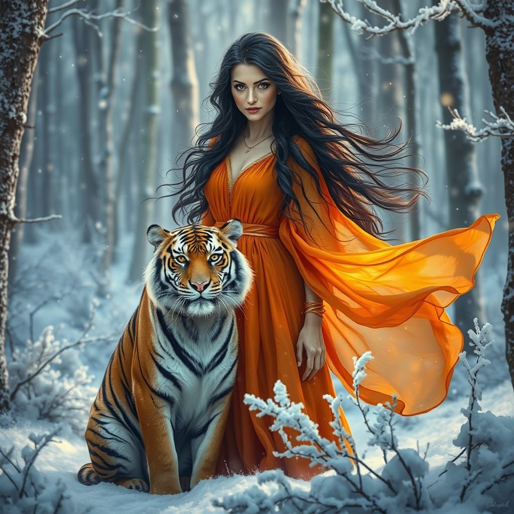 Majestic Sorceress in Snowy Forest, Surrounded by Liquid Ora...
