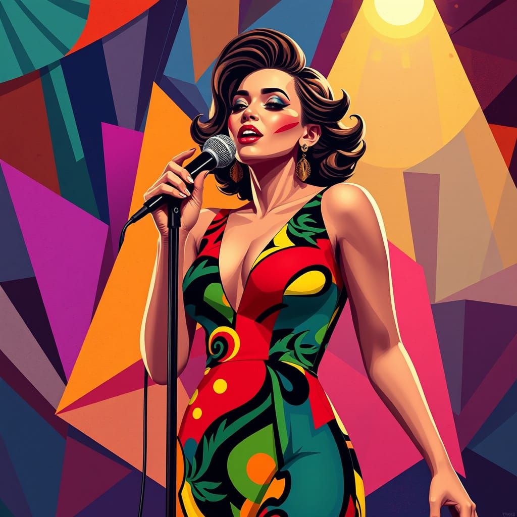 Art Deco Woman Sings Karaoke in Geometric Scene