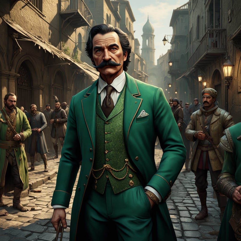 Renaissance Gentleman in Dark Fantasy Cityscape