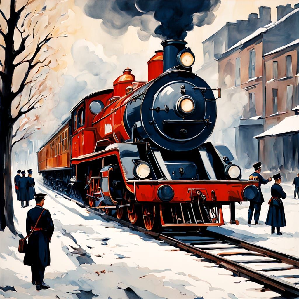 Railway Platform Scene with Soldiers in Expressive Style