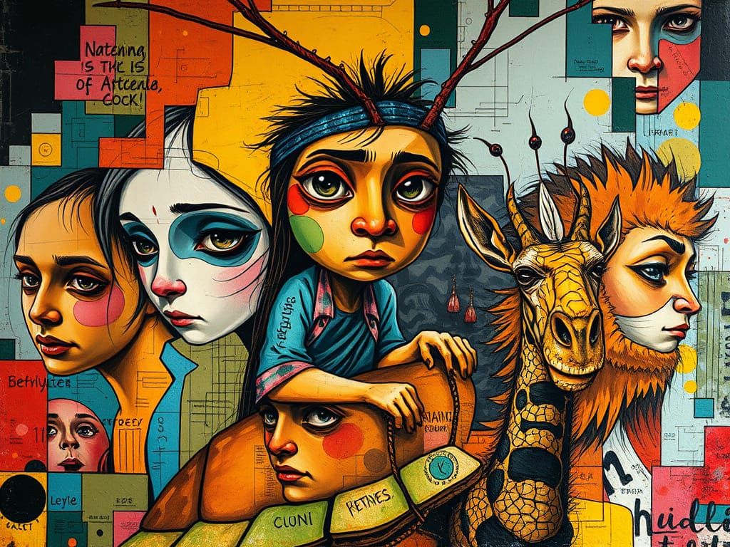 Vibrant Tim Burton-Inspired Oil Painting of Whimsical Creatu...