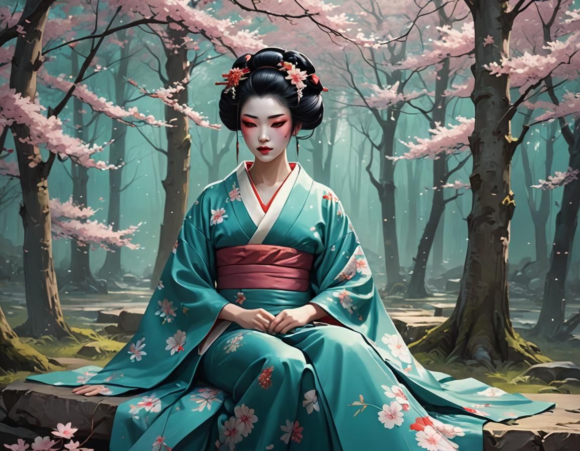 Geisha Under Sakura Forest: Digital Illustration