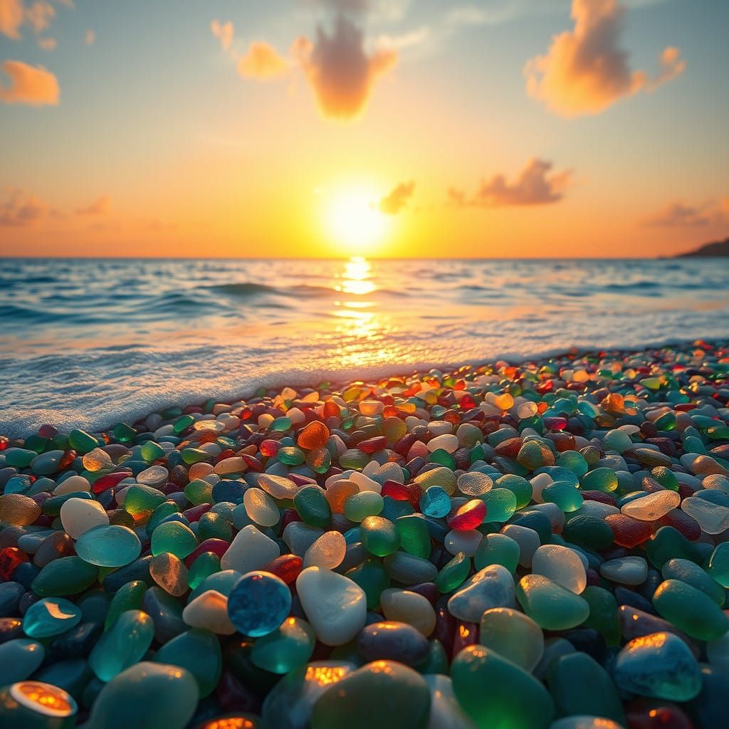 Tropical Paradise at Dusk: A Vibrant Sea Glass Beach