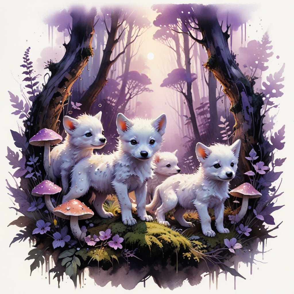 Viperwolf Pups Explore Violet Underbrush with Glowing Fungi