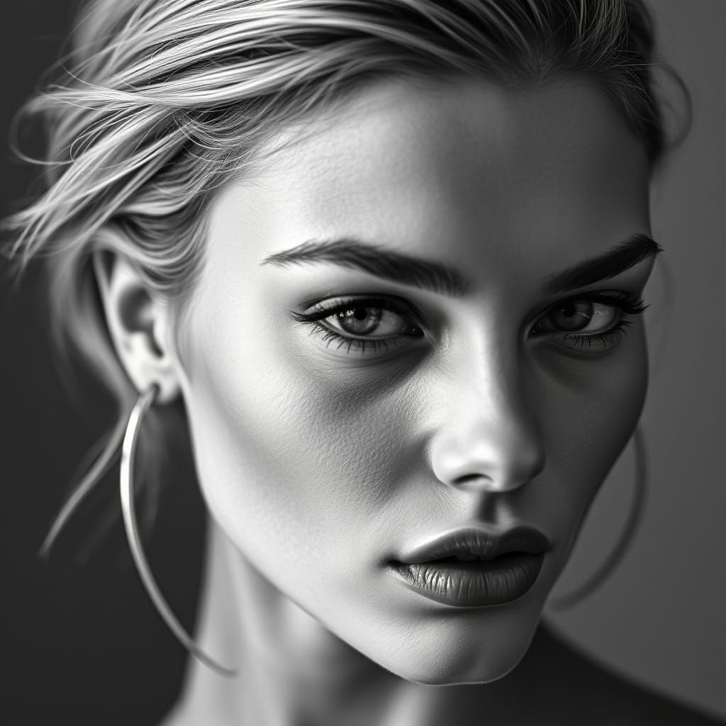 Elegant Black and White Supermodel Portrait in High-Contrast...