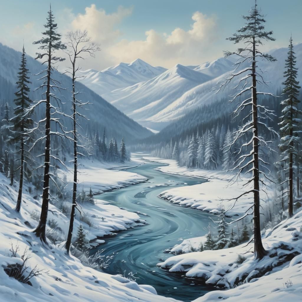 Snowy Forest Landscape Painting with Frozen River