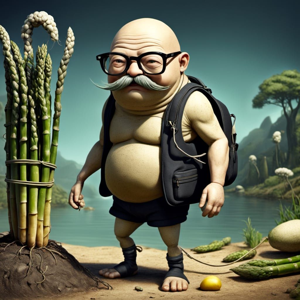 Bald Man Surrounded by Asparagus Wearing Black Shoulder Bag