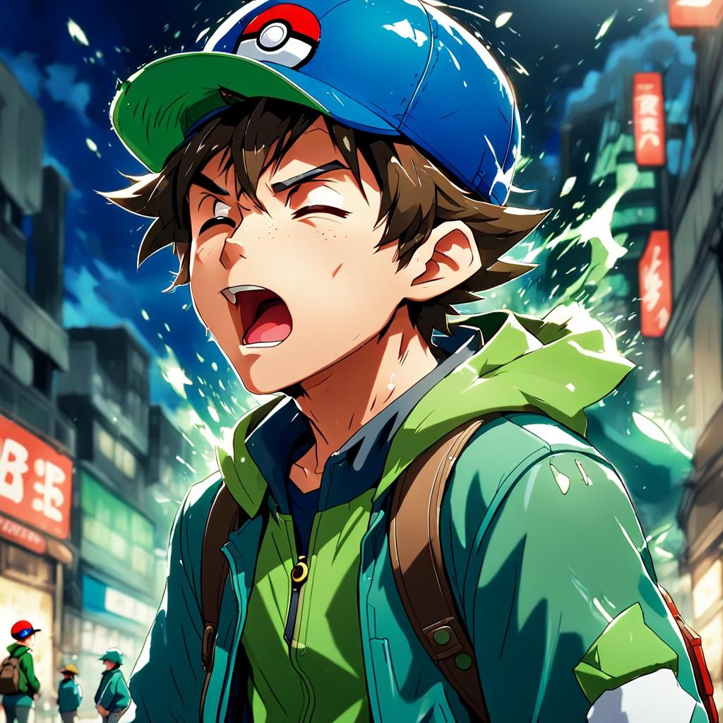 Ash Ketchum-like Pokemon Trainer Yawning: Manga Style