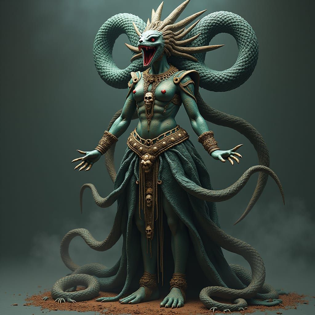 Aztec Goddess Coatlicue: Serpent Skirt in Dark Fantasy Style