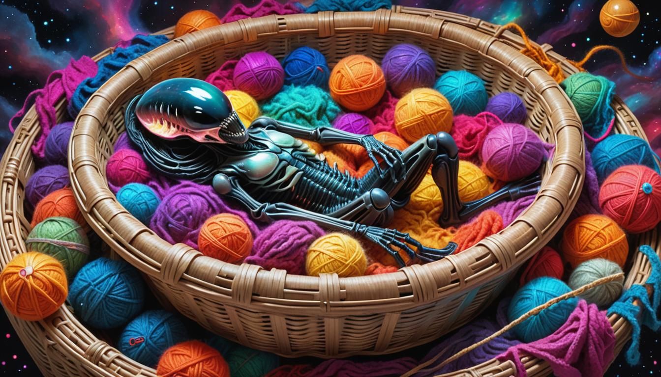 Xenomorph Playing with Yarn in Cosmic Basket