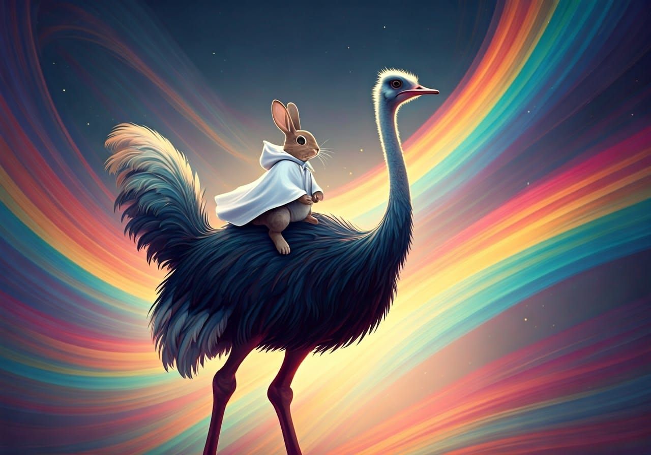 Rabbit Rides Ostrich Through Rainbow Dreamscape