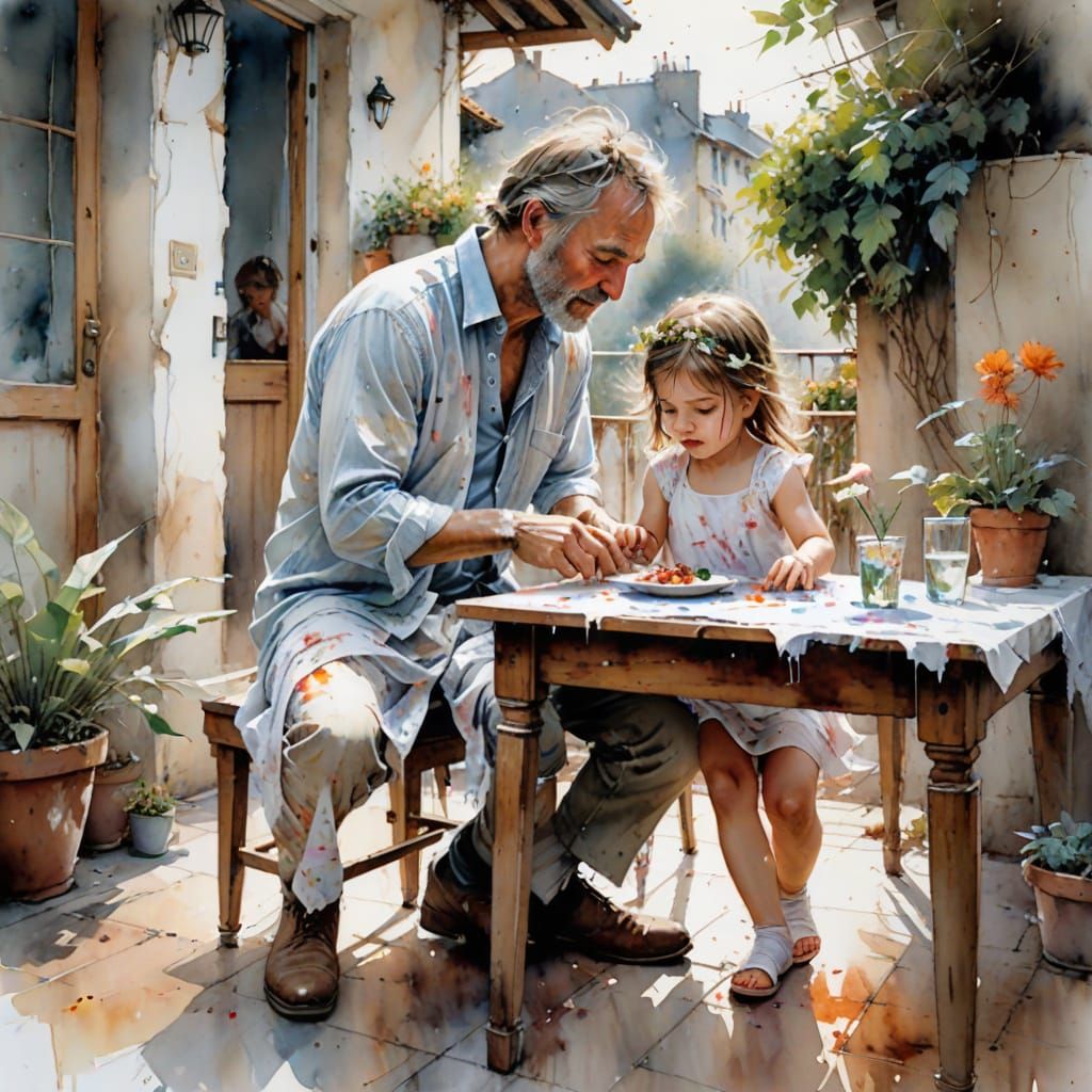 Father Watches Daughter Take First Steps on Terrace