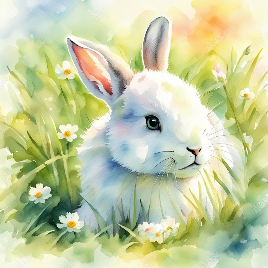 Baby Rabbit in Spring Meadow Watercolor