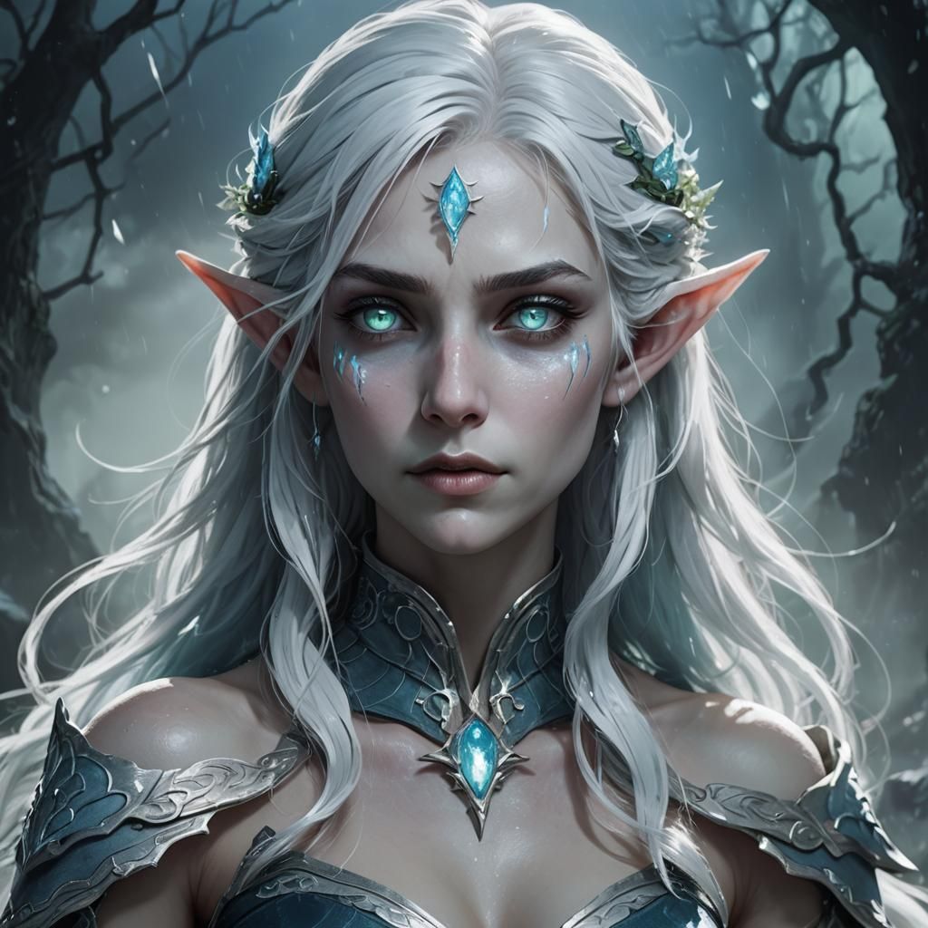 Icy Moon Elf Portrait in Splash Art Style
