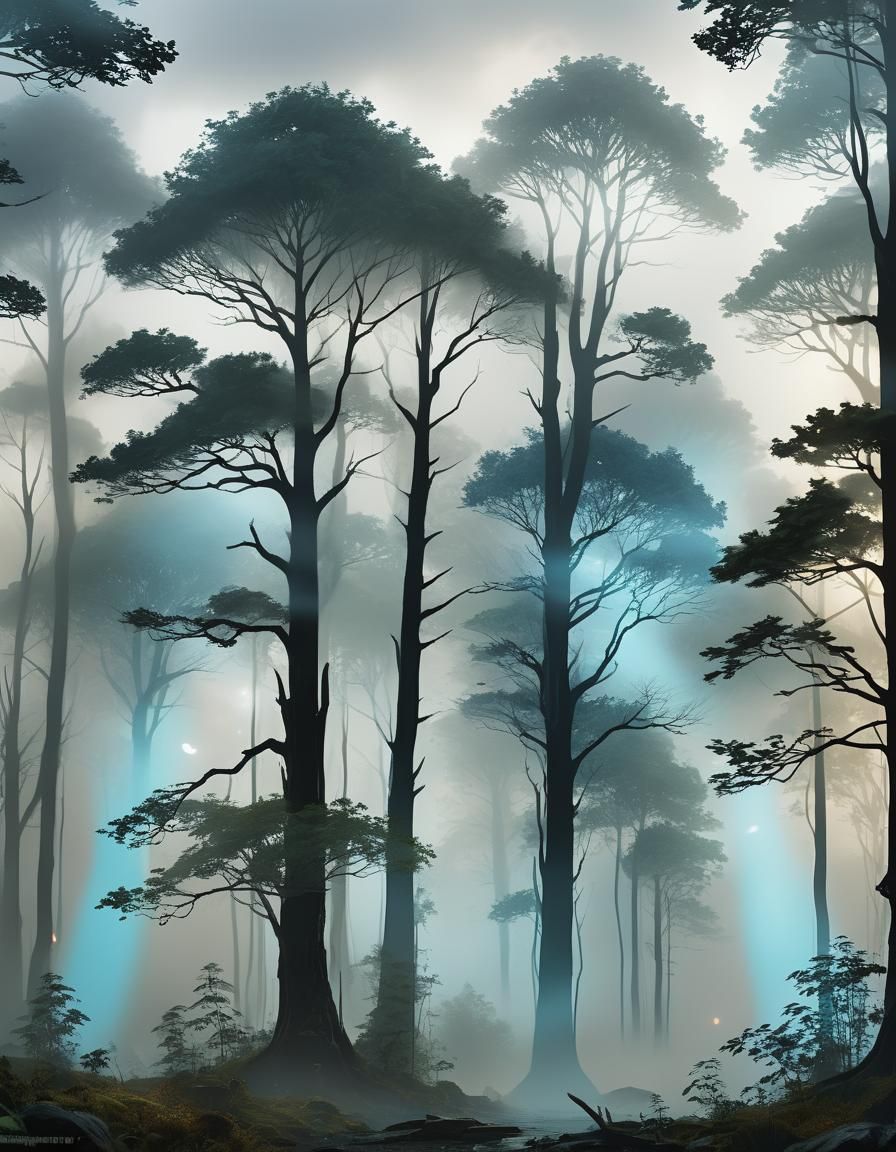 Ethereal Forest: Tall Trees in Mystical Mist