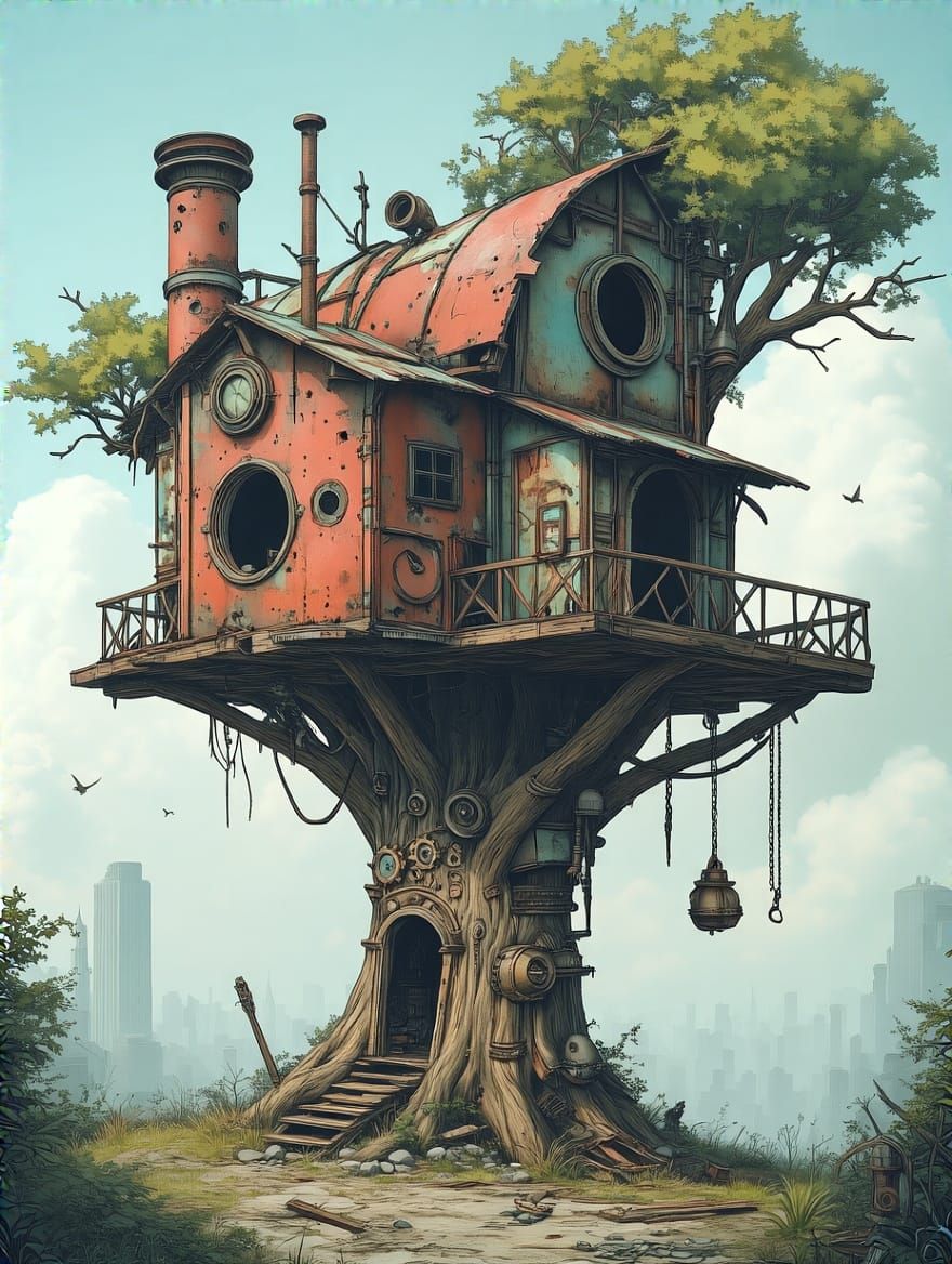 Post-Apocalyptic Treehouse Made from Scrap Parts in Steampun...