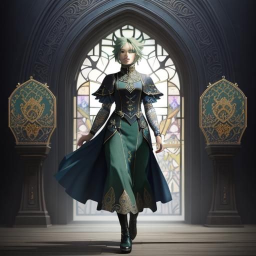 Art Nouveau Lady with Green and Blue Hair