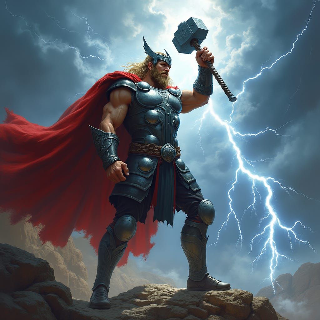Norse God Thor Wielding Mjolnir in Stormy Sky