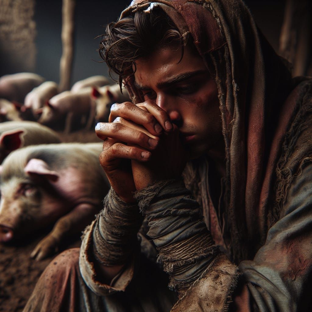 Despondent Man Among Pigs: Oil Painting Portrait
