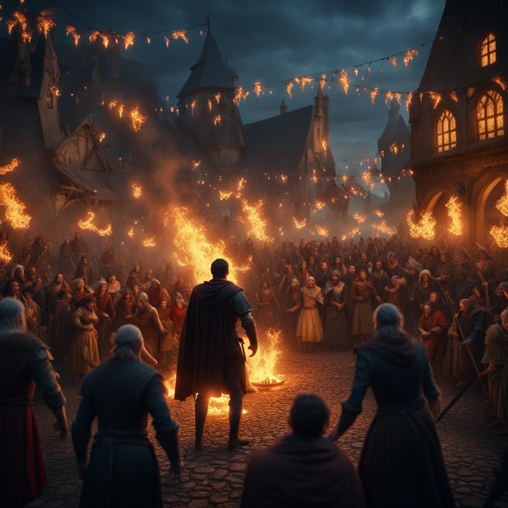 man breathing fire surrounded by medieval crowd, village fair at night, detailed matte painting, deep color, fantastical...
