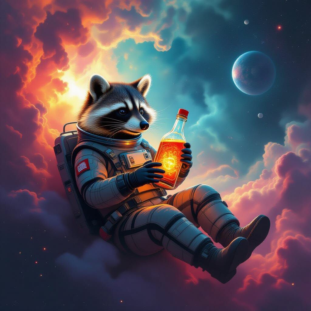Raccoon Astronaut Adrift in Surreal Cosmic Void