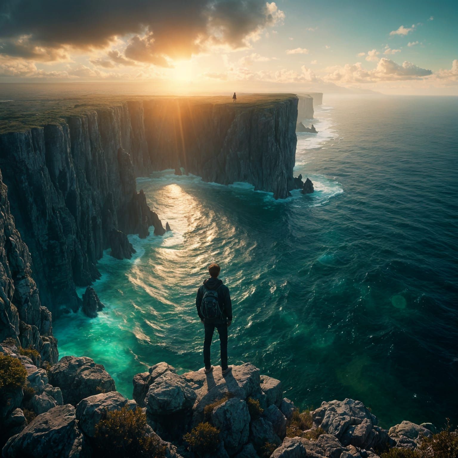 Traveler Overlooks Emerald Ocean at Sunset