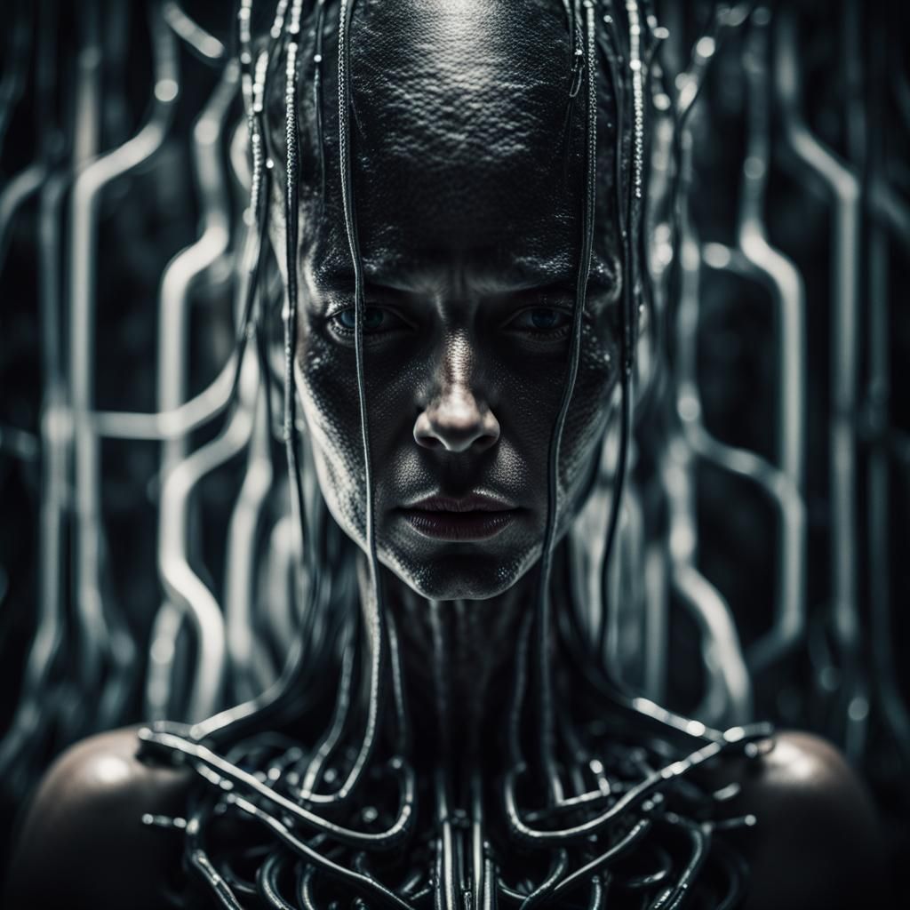 Giger-Inspired Dark Portrait with 3D Interface