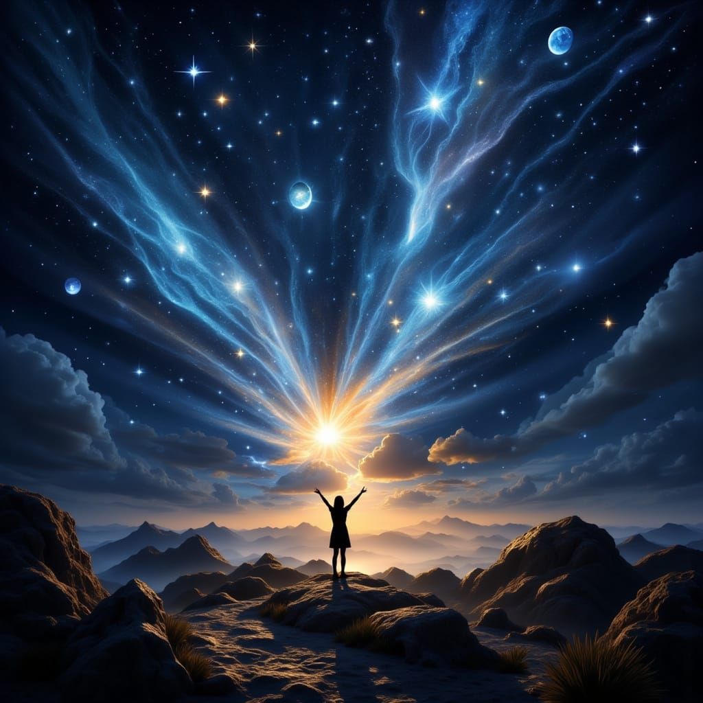 Now the star child blazes bright
Burning through perpetual night