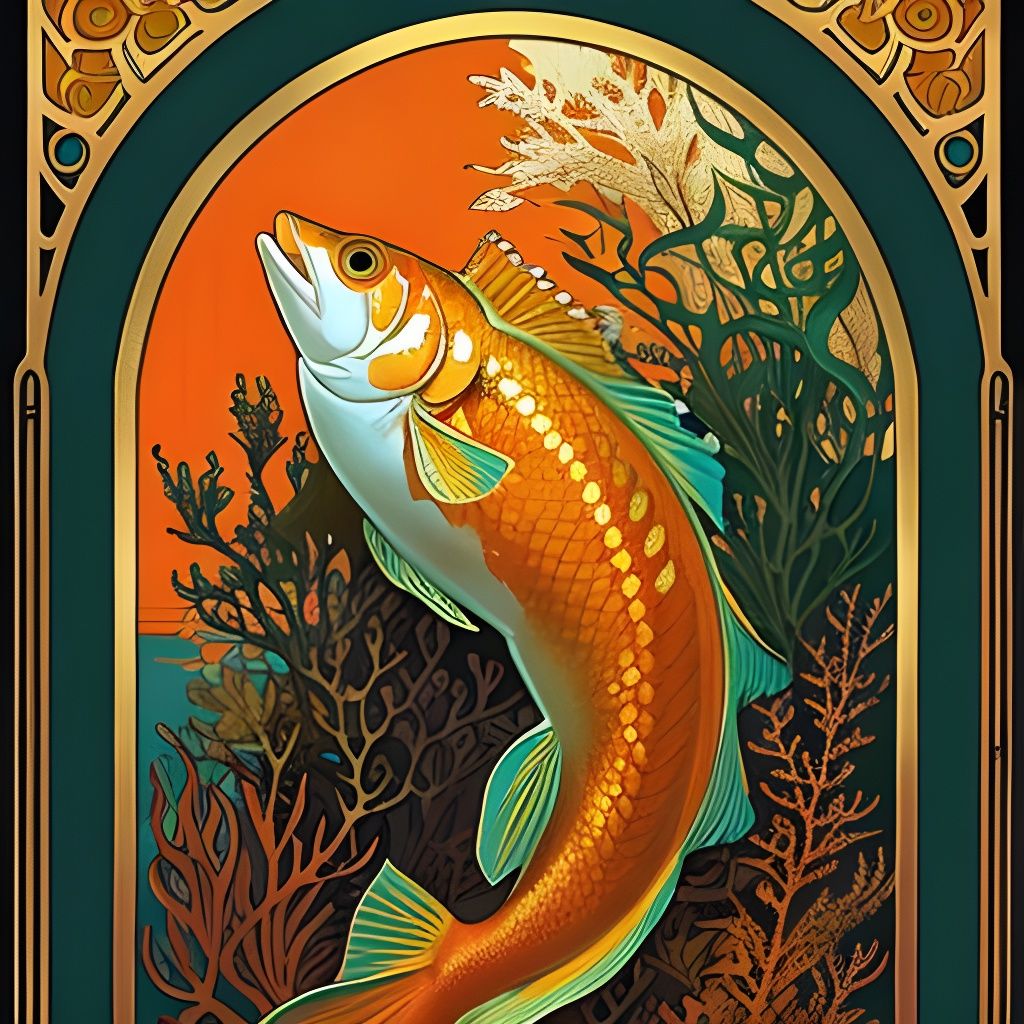 Orange Fish in Kelp Forest: A Mucha-Inspired Illustration