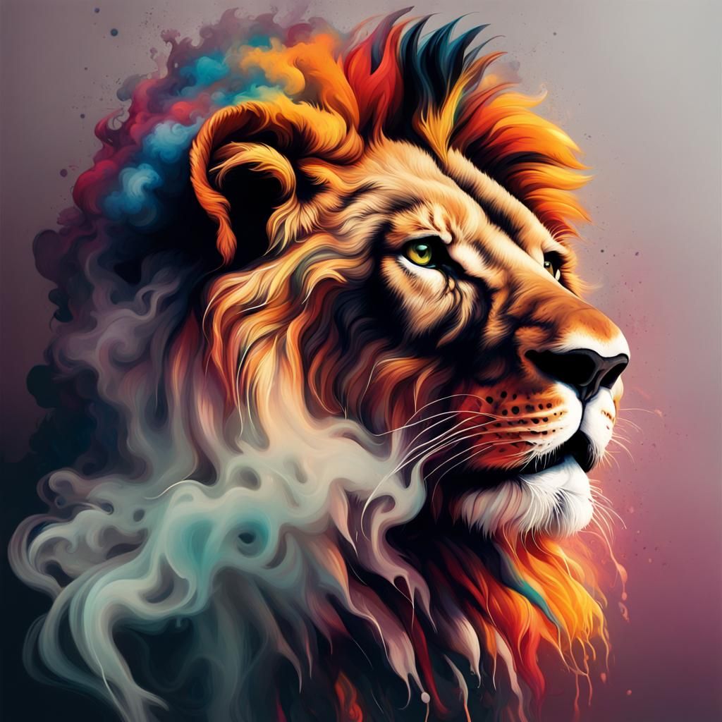 Vibrant Lion in Smoke, Graffiti Art Style