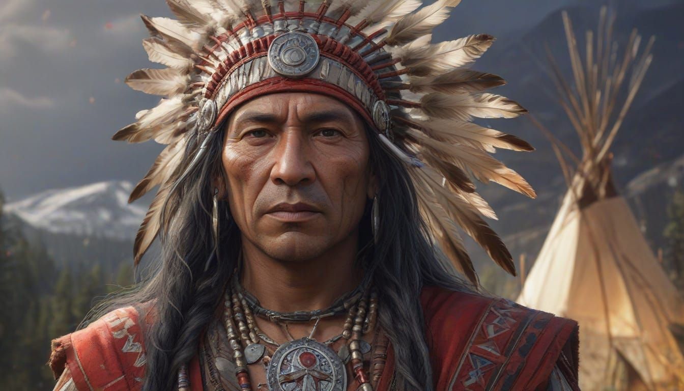 Native American Chieftain in Traditional Red Attire