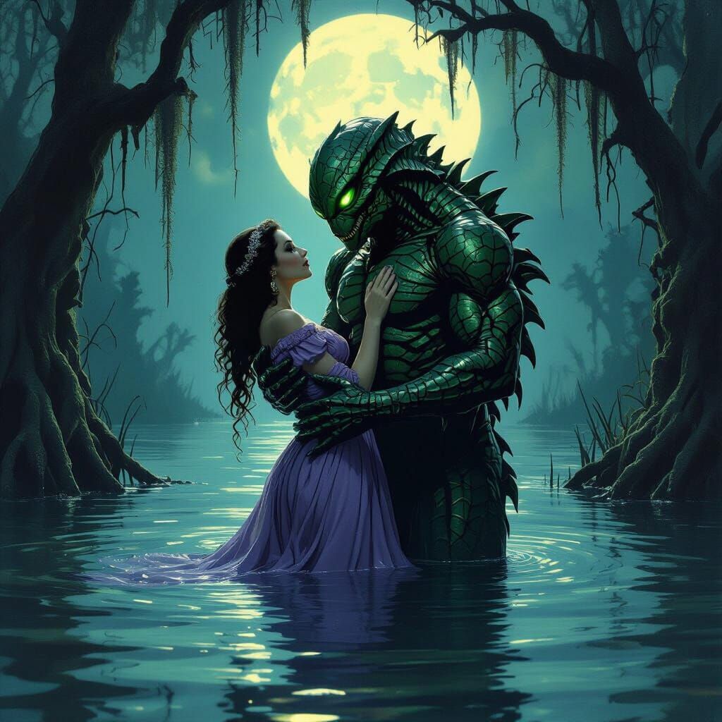 {style:: 1950s horror movie poster + comic pulp art}, stamped with {title text:: “Beauty and the Swamp Creature” in bold...