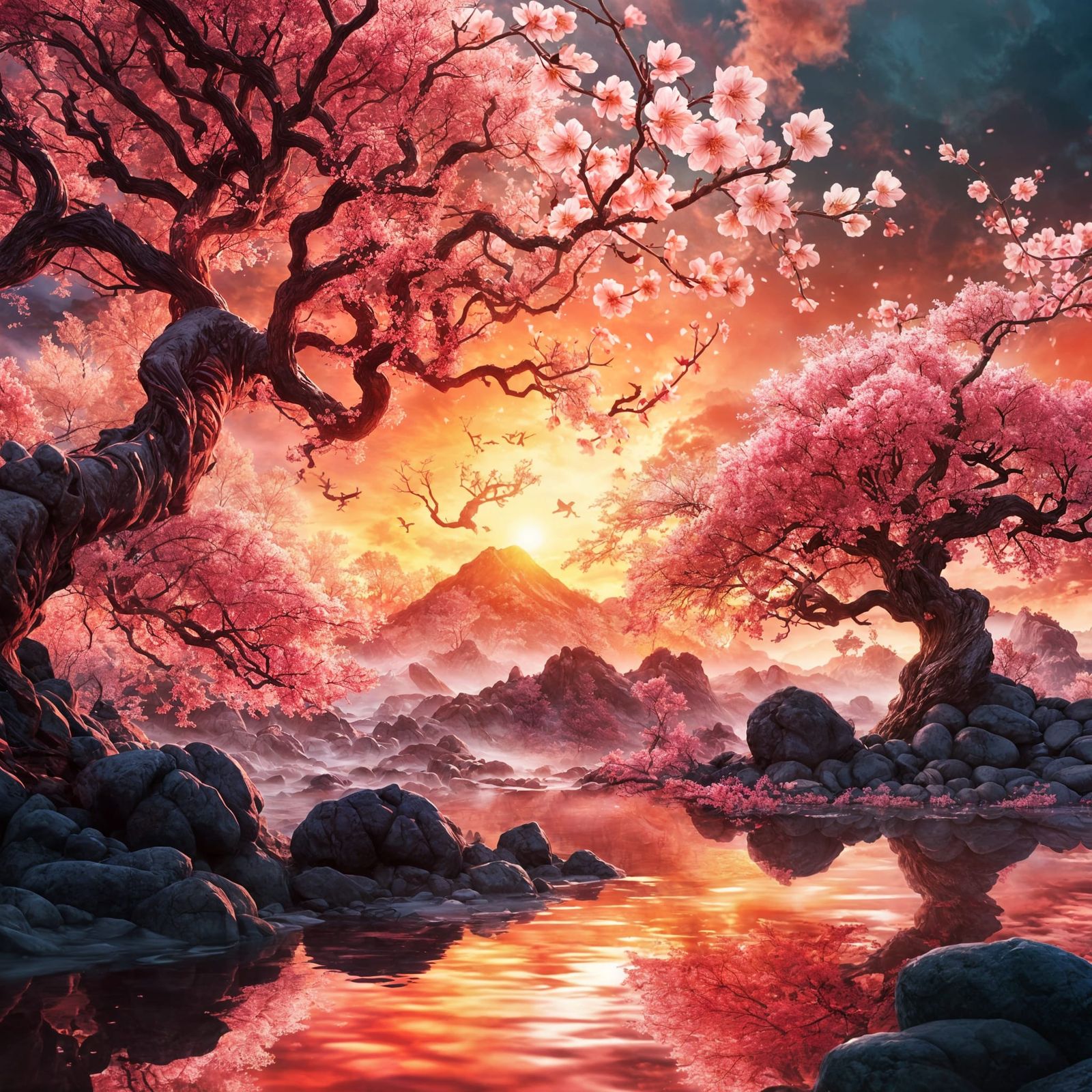 Vibrant Cherry Blossom Sunset in Fantasy Concept Art
