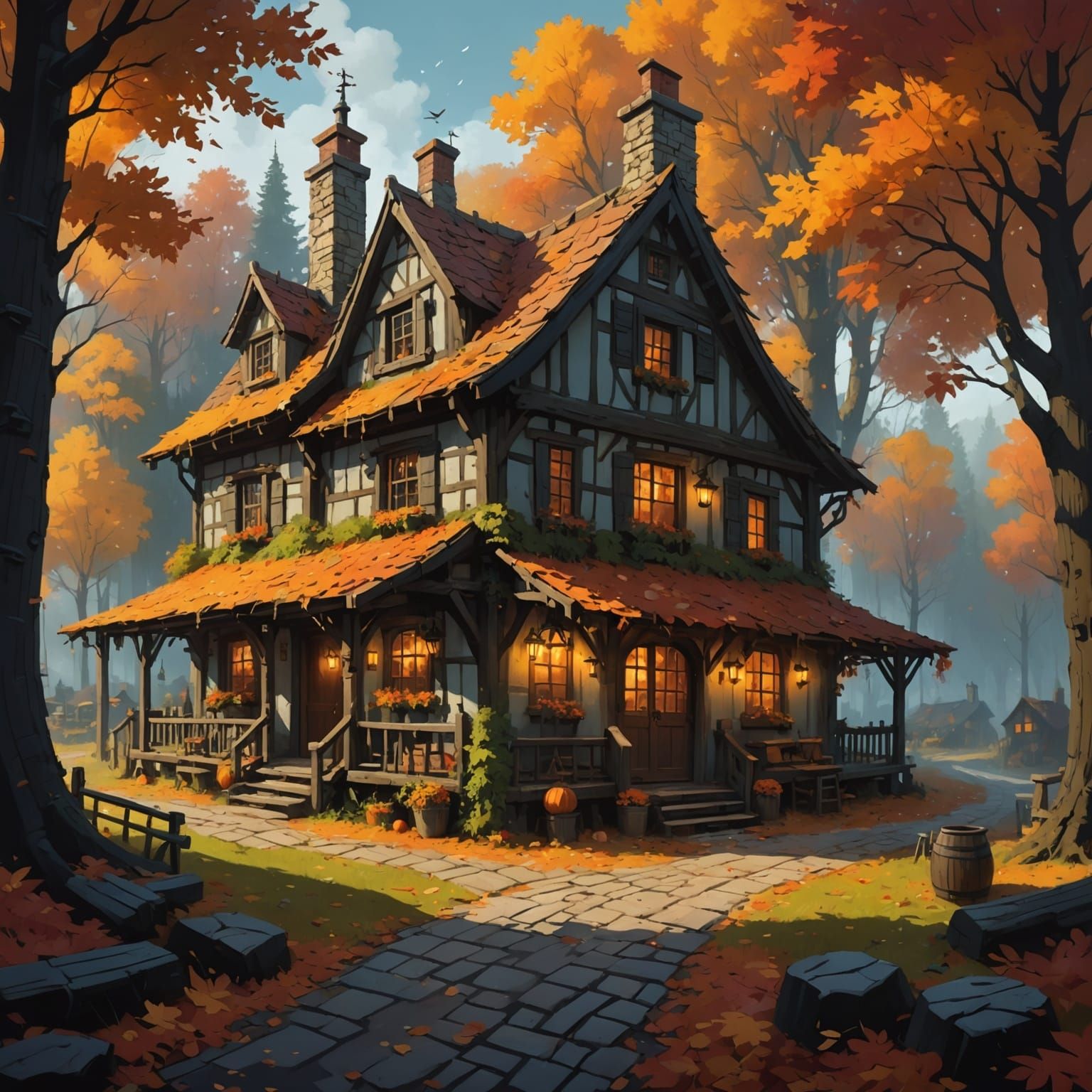 Quaint Tavern in Autumn Woods: Digital Cottagecore Painting
