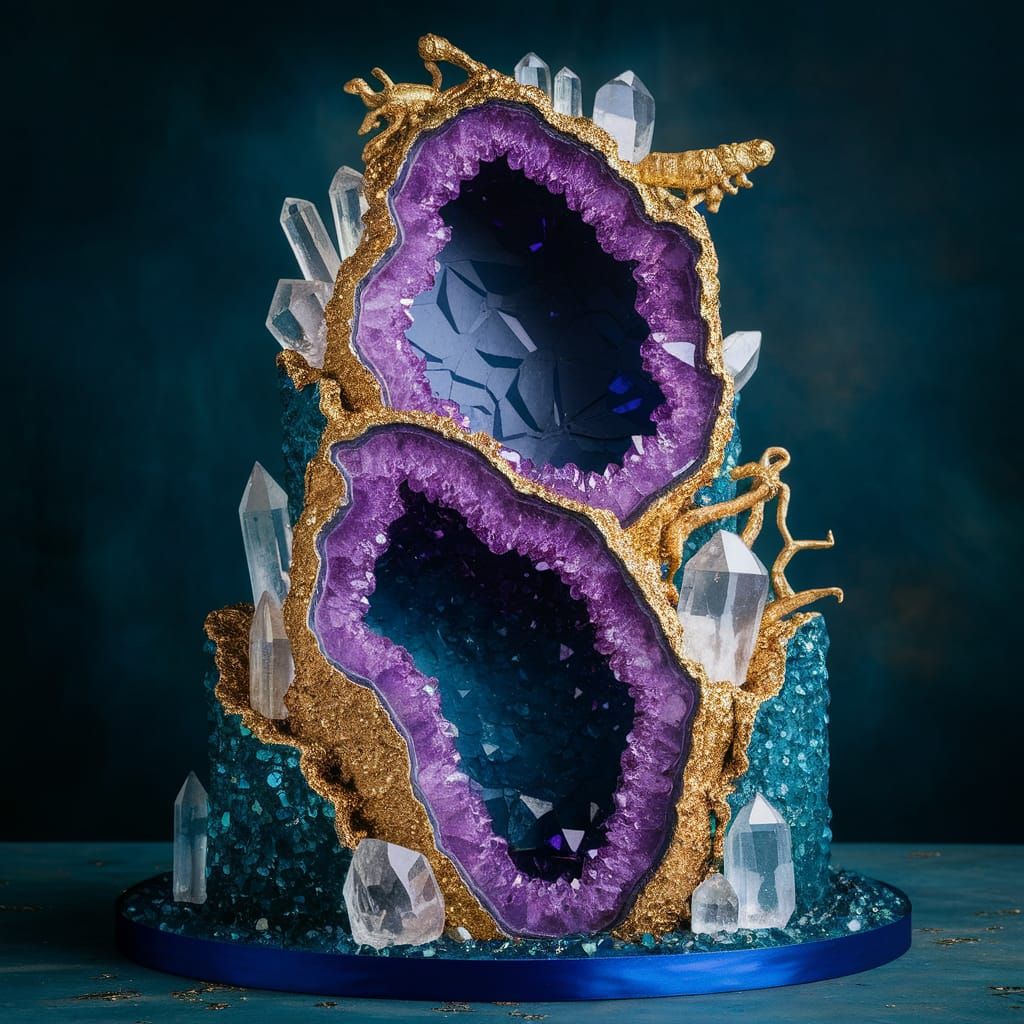 Amethyst Geode Cake with Fossilized Insects in Art Nouveau S...