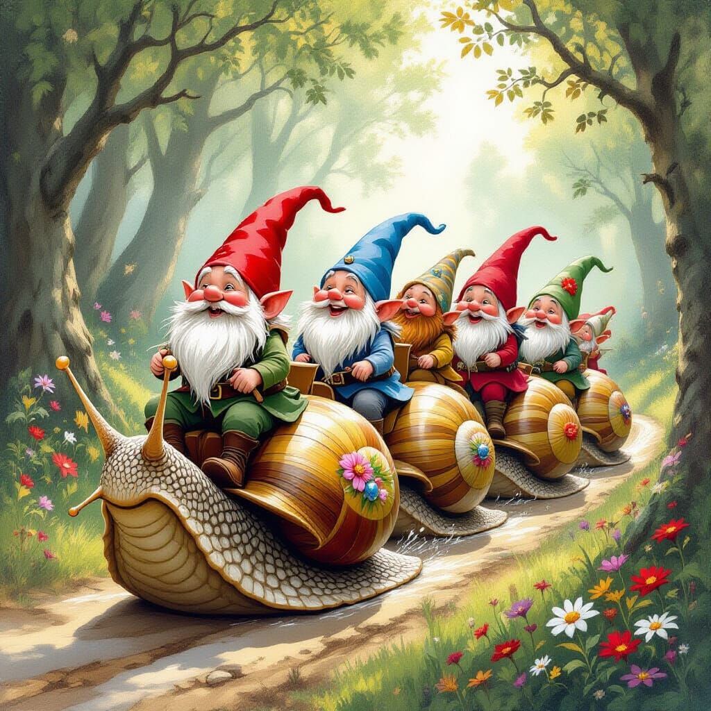 Gnomes Riding Snails in Enchanted Forest