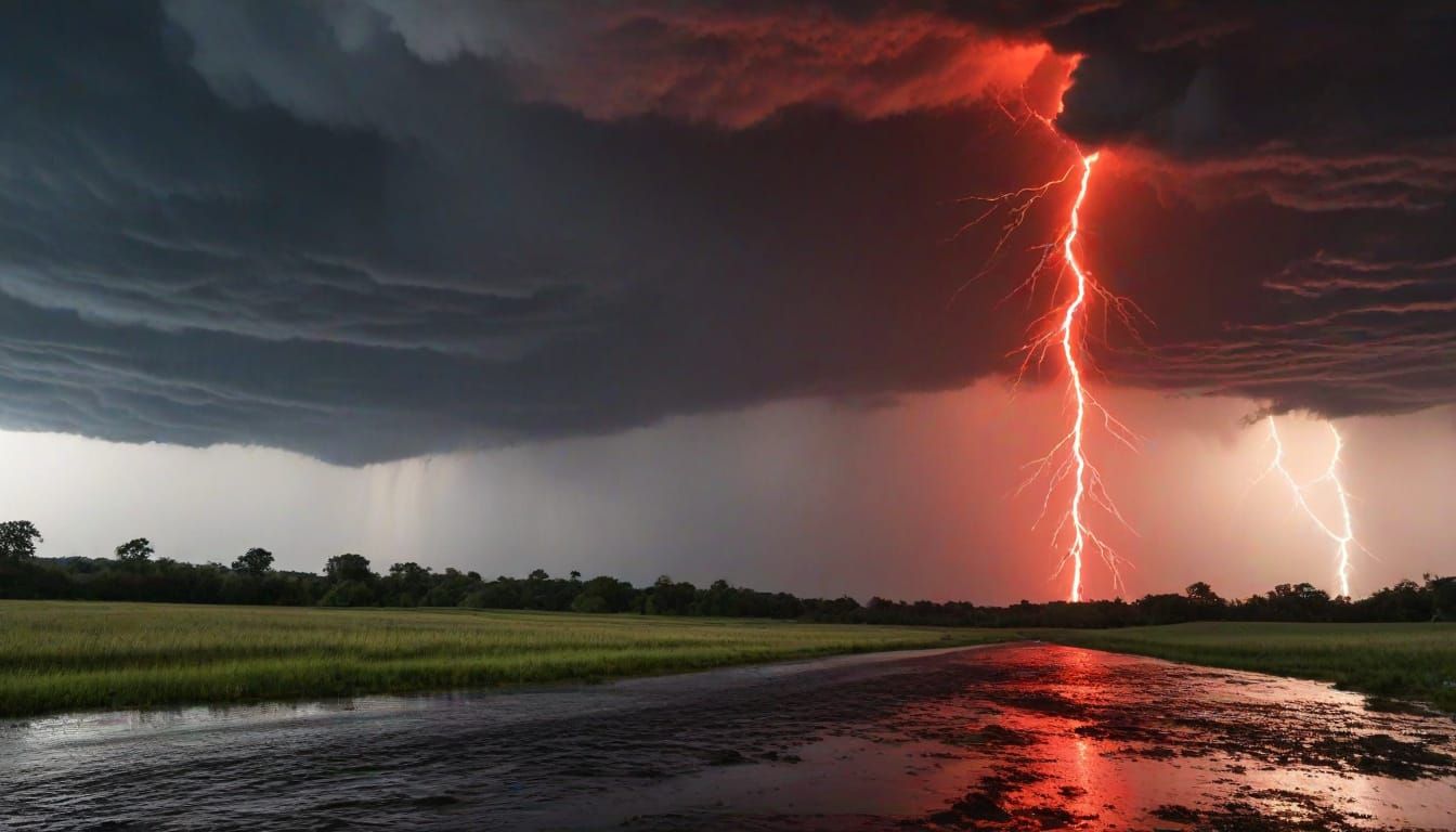 Stormy Weather Landscape in Dramatic Red and Grey Tones
