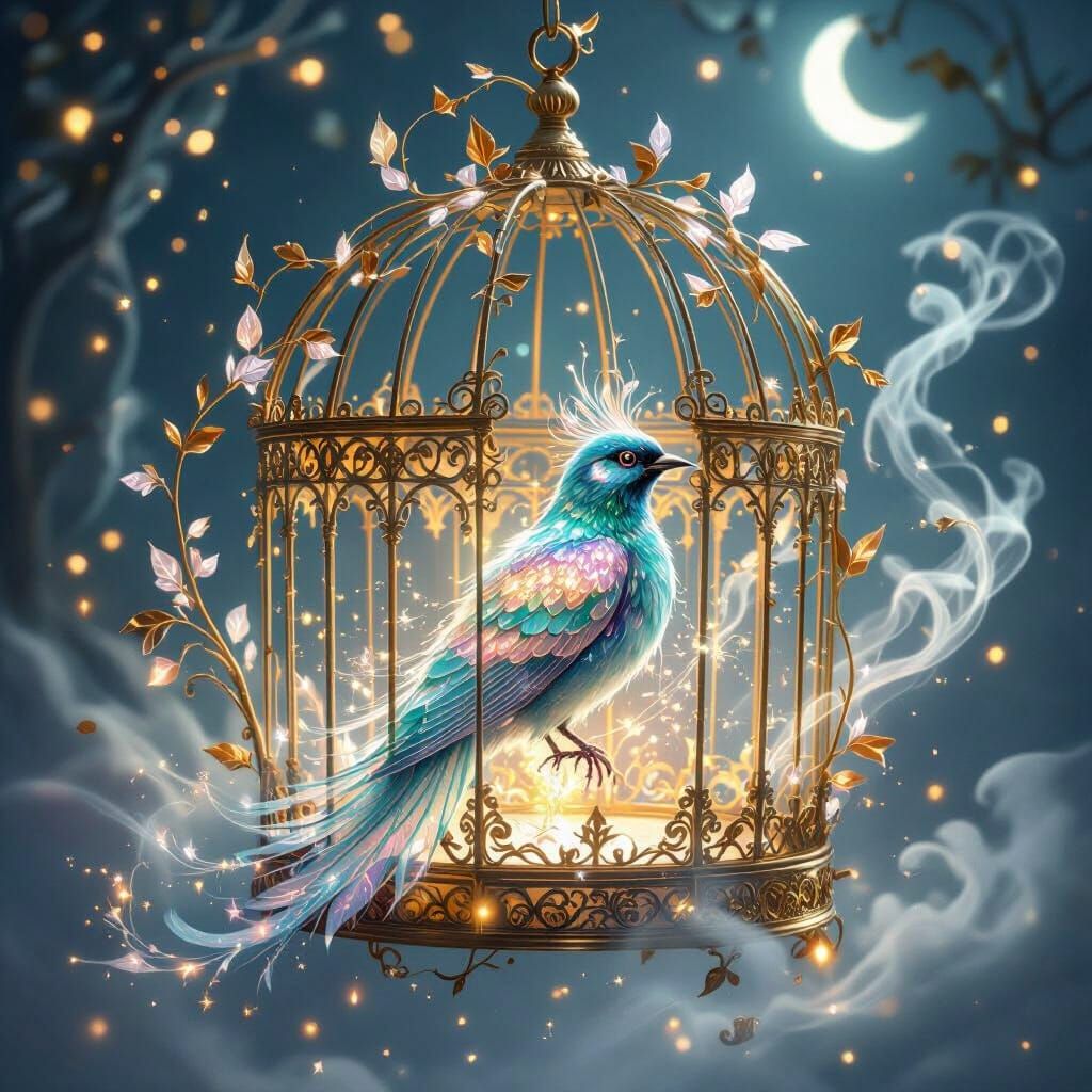 Ornate Golden Birdcage with Magical Bird in Moonlight