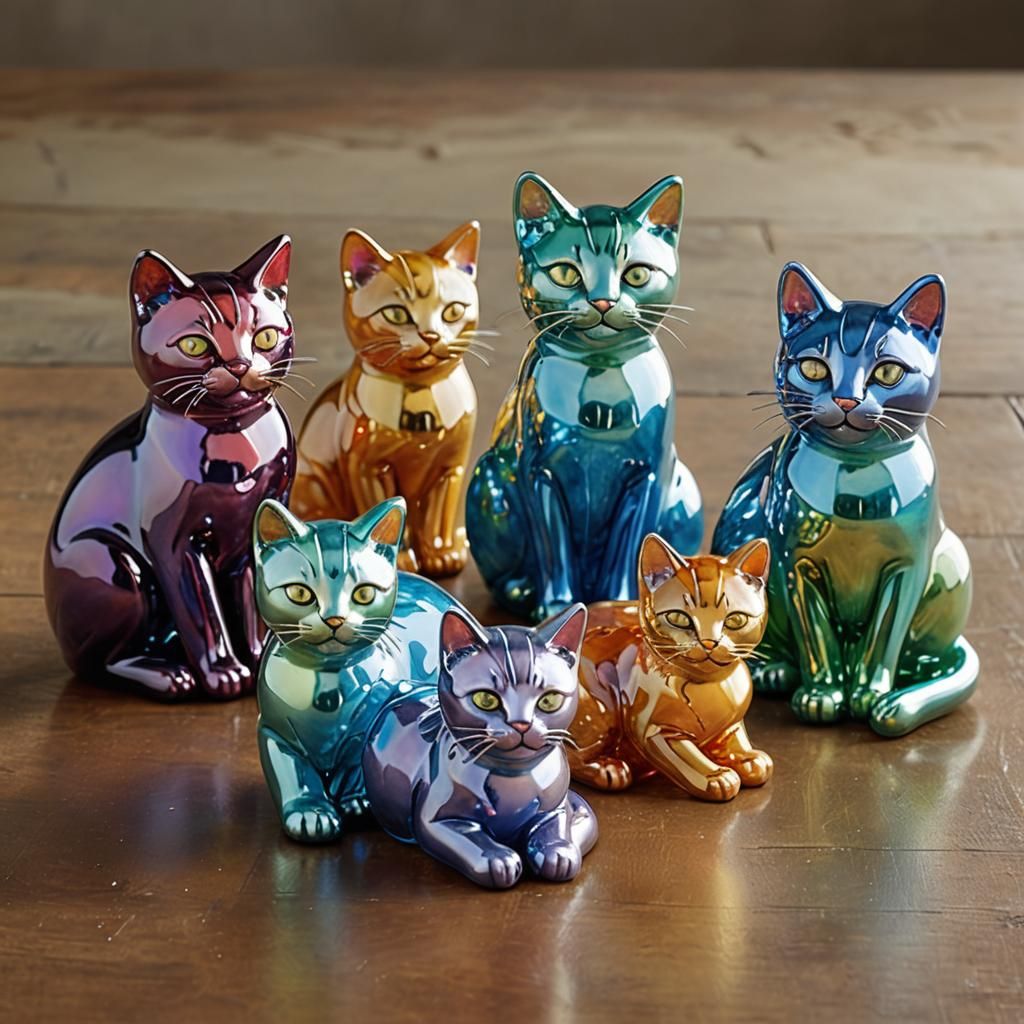 Enameled Glass Cat Surrounded by Kittens