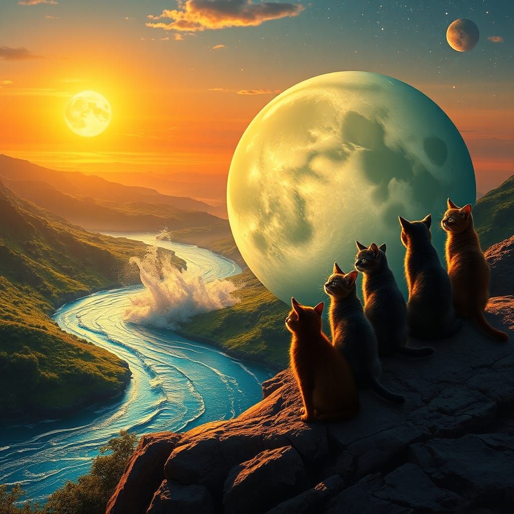 Hyperrealistic Moon Rolling Downhill at Sunset