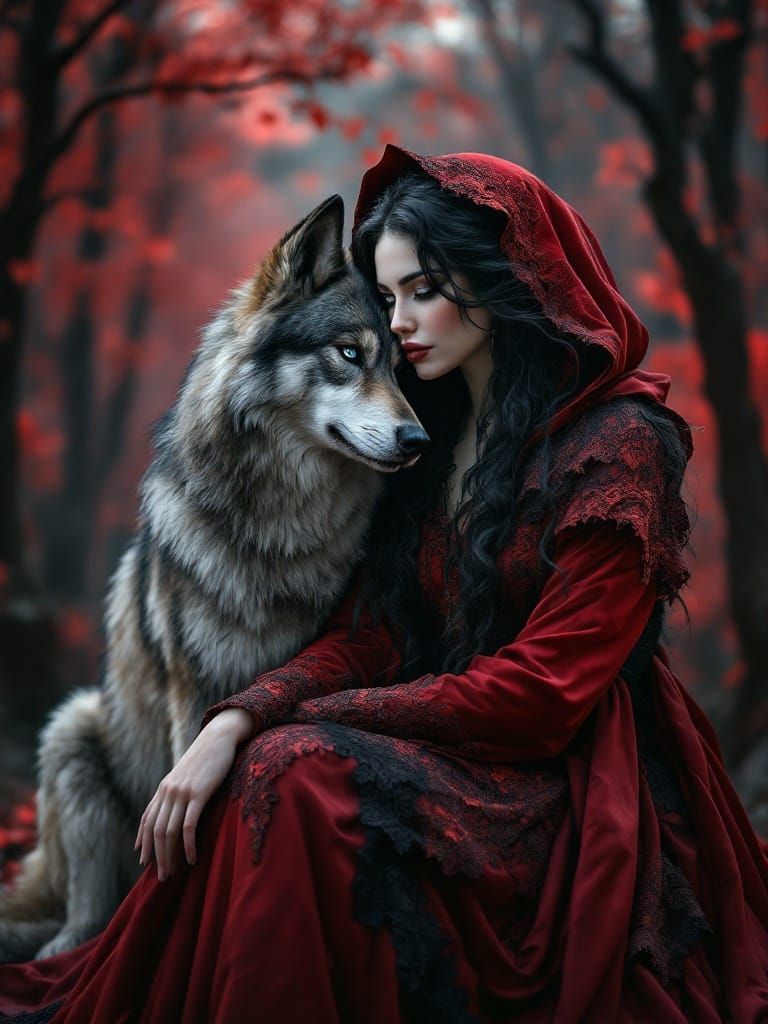Surreal Beauty in Crimson Riding Hood Attire with Wolfdog Co...