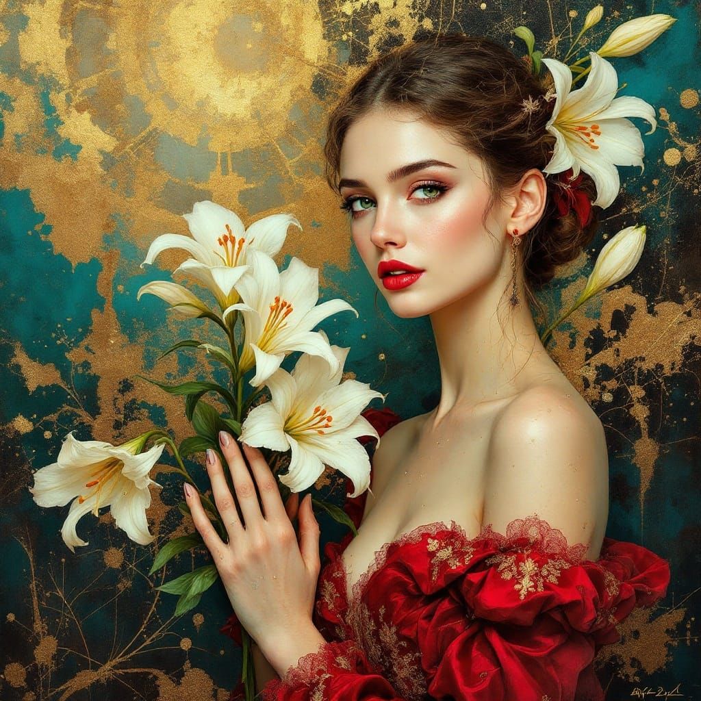 Ethereal Beauty in Crimson Velvet, Cradling Lilies