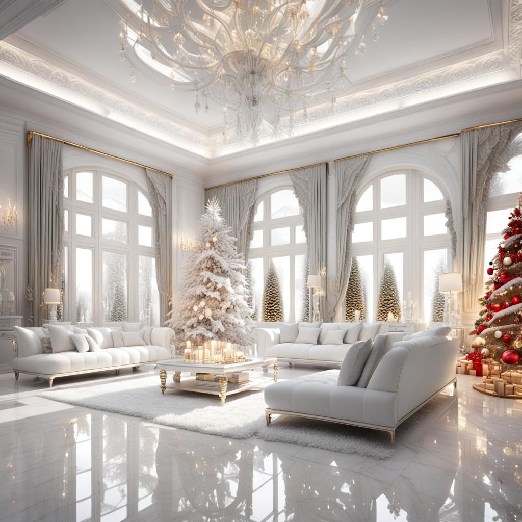 Luxury White Christmas Villa Interior in Detailed Digital Ar...