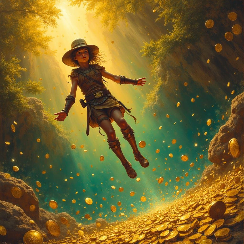 Majestic Golden Coin Pool Scene with Diver and Divine Observ...